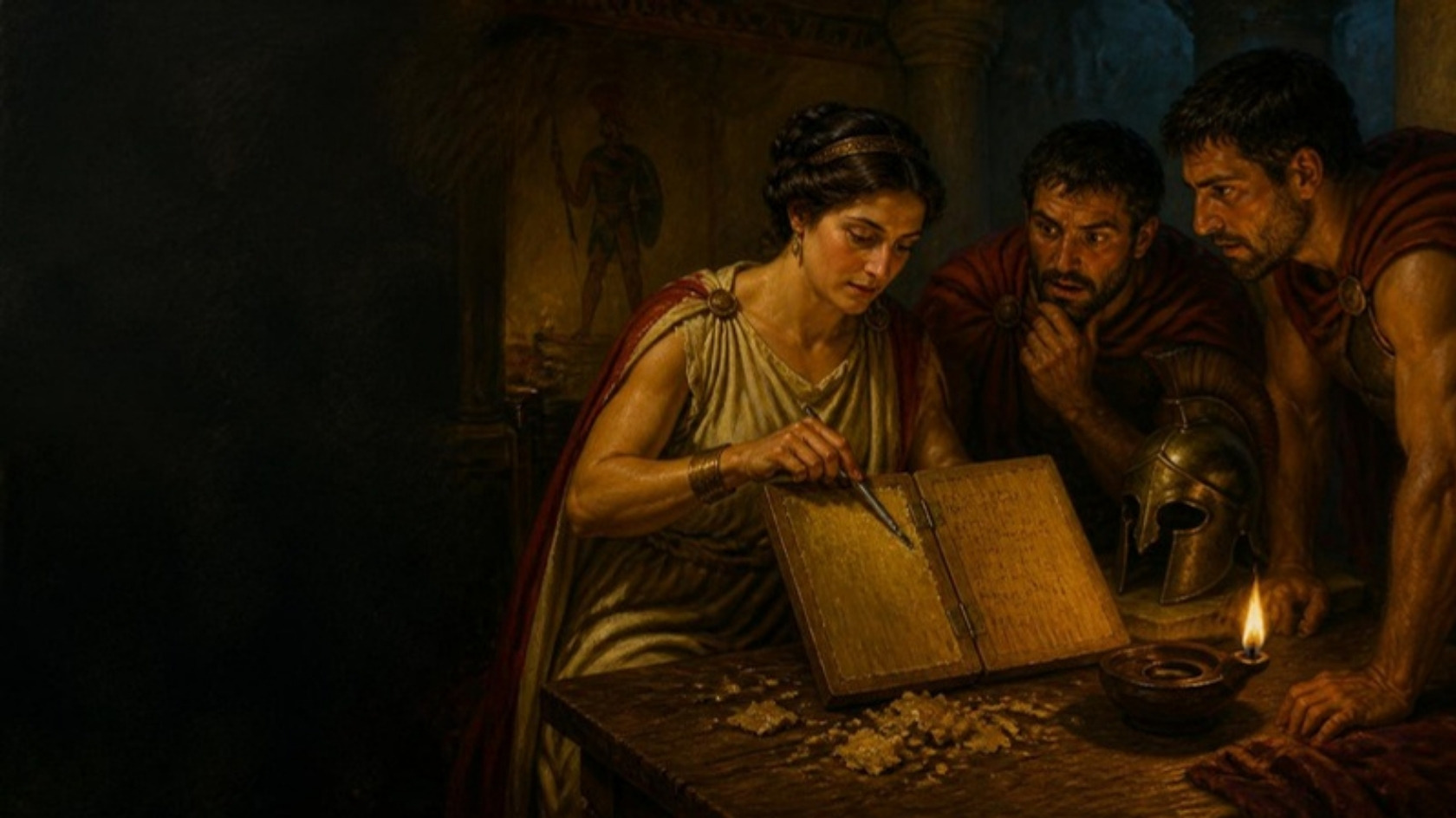 Illustration : une femme découvre un message gravé sous la cire d'une tablette, sous le regard de deux soldats grecs